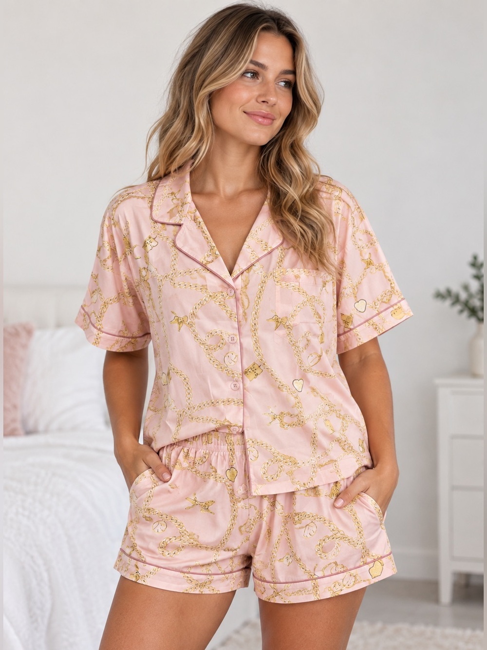 Taylor Swift Speak Now Pink Gold Chain Print Pajama Set Size Large Shorts PJs